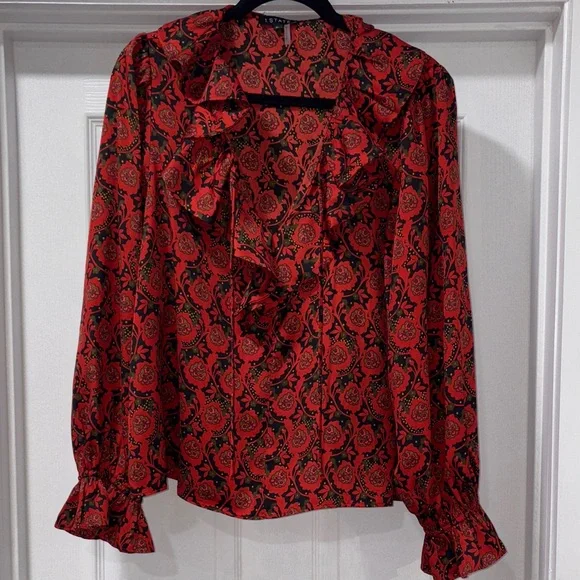 1. State Scarlet and Ebony Patterned Ruffle Blouse - Picture 1 of 13